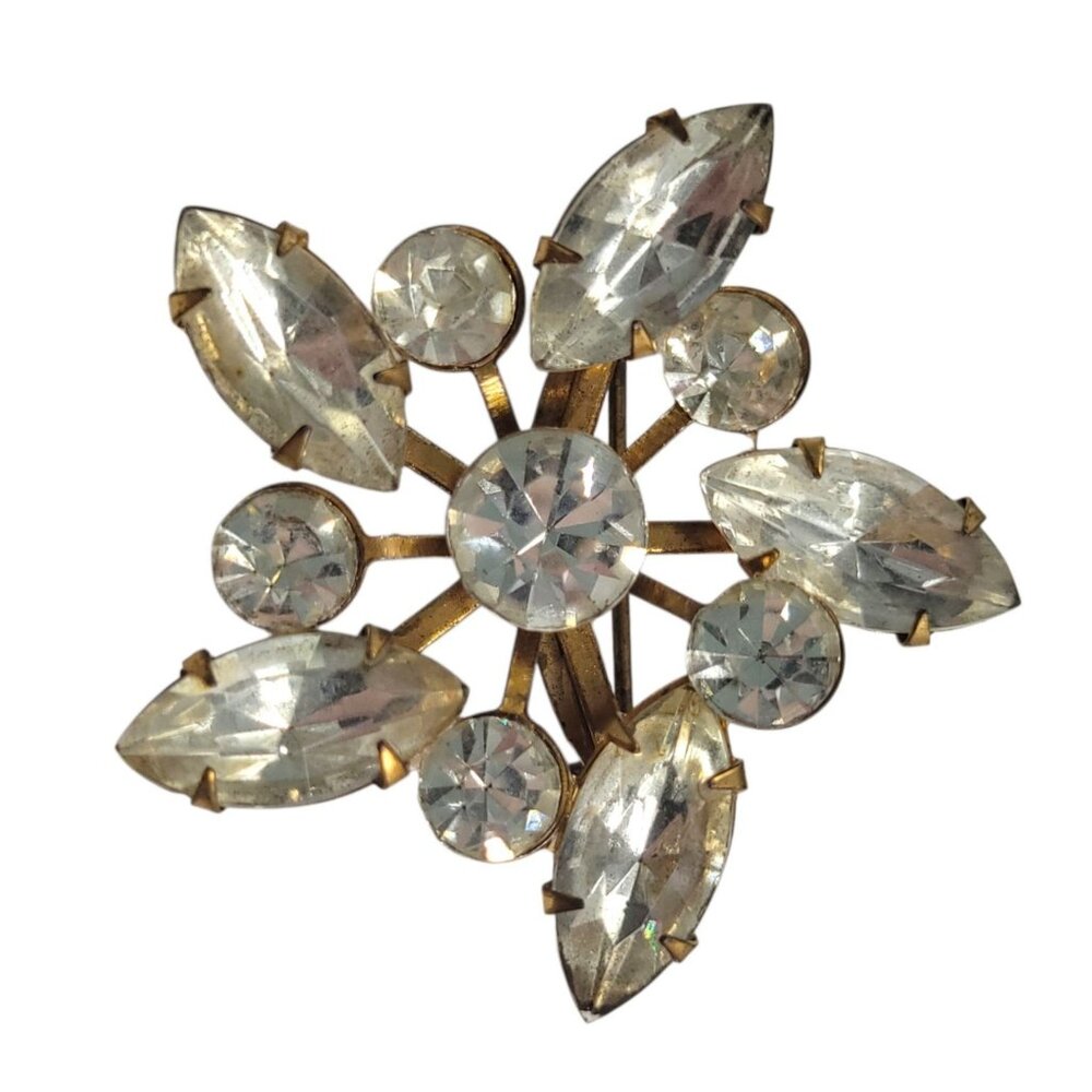 Vintage Rhinestone Starburst Brooch Gold-Tone Prong Set